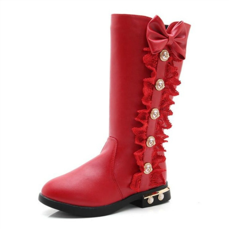 

Winter Warm Solid Color Flat Bow Non-Slip Plus Velvet Little Girl Boots, Size:35(Red)