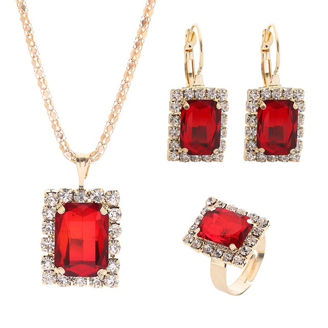 

Square Crystal Necklace Earrings Ring For Women Jewelry Sets(Red)