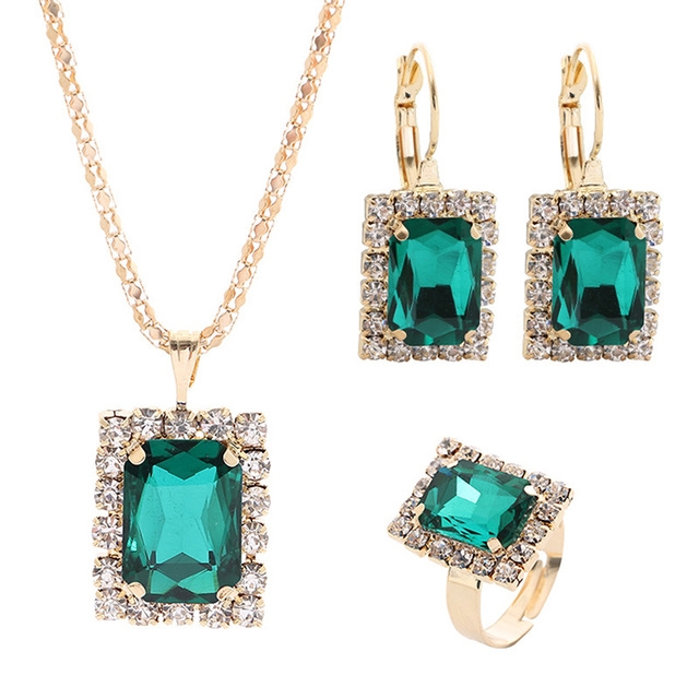

Square Crystal Necklace Earrings Ring For Women Jewelry Sets(Green)