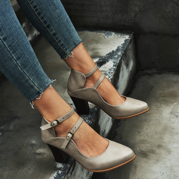 

Women Shoes Plus Size Double Buckle Heel Heels, Size:37(Grey)