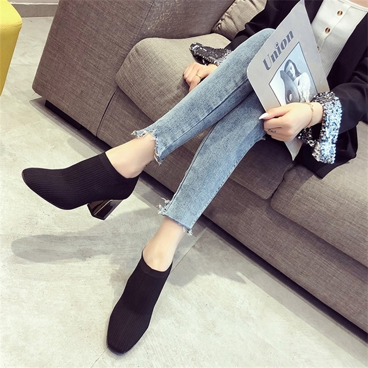 

Women Shoes Square Toe Knit Heel Martin Boots, Size:38(Black)