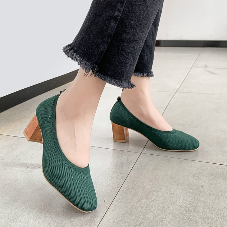 

Breathable Stretch Knit Pumps High Square Golden Heels Women Slip On Square Toe V Mouth Casual Lady Cozy Shoes, Size:35(Green)
