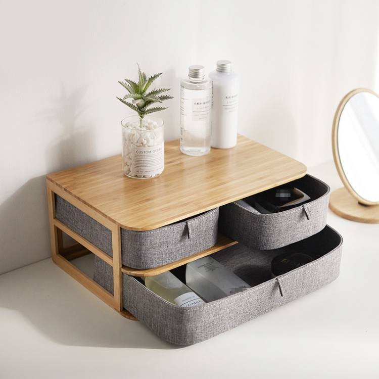 

Multi-layer Drawer Bamboo and Wood Desktop Office Storage Box, Style:Two-layer Three-drawer