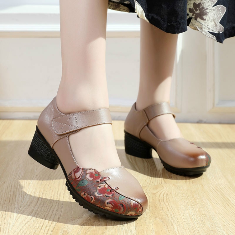 

Women Shoes Leather Square Heel Shoes, Size:41(Beige)