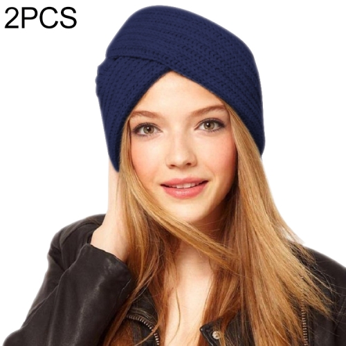 

2 PCS Winter Warm Imitation Cashmere Cross Wool Knitted Hat Skullcap, Size:One Size(Navy)