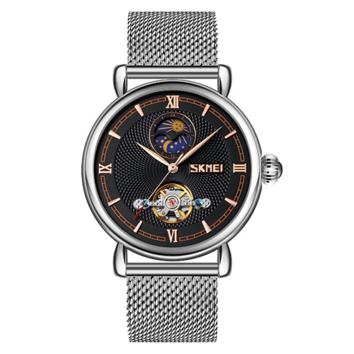 

Skmei 9220 Men Mesh Belt Automatic Hollow Mechanical Watch Student Watch, Colour:Silver Shell Black Face