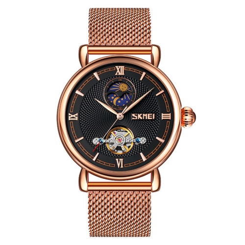 

Skmei 9220 Men Mesh Belt Automatic Hollow Mechanical Watch Student Watch, Colour:Rose Gold Shell Black Face