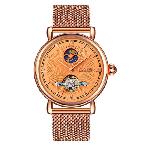 

Skmei 9220 Men Mesh Belt Automatic Hollow Mechanical Watch Student Watch, Colour:Rose Gold Shell Gold Face