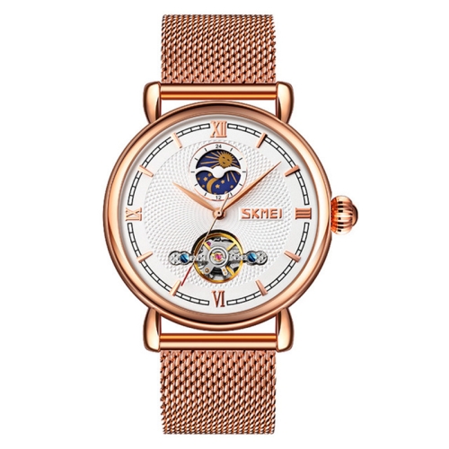 

Skmei 9220 Men Mesh Belt Automatic Hollow Mechanical Watch Student Watch, Colour:Rose Gold Shell WhiteFace