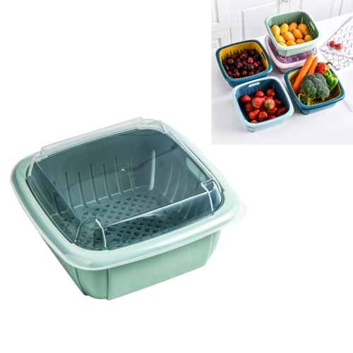 

Creative Multifunctional Double-deck Drain Basket Kitchen Refrigerator Fresh Box Plastic Fruit Storage Basket with Lid(Matcha Green)