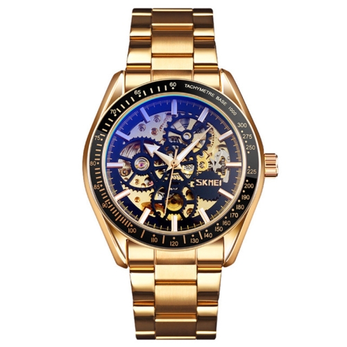 

SKMEI 9194 Men Automatic Skeleton Mechanical Steel Band Watch, Colour:Golden Black Face