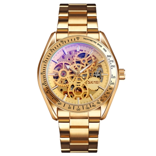 

SKMEI 9194 Men Automatic Skeleton Mechanical Steel Band Watch (Golden Gold Face)