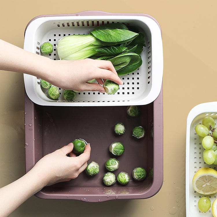 

Double-layer Classification Square Drain Basket Kitchen Household Plastic Fruit and Vegetable Basket(Dark Red)