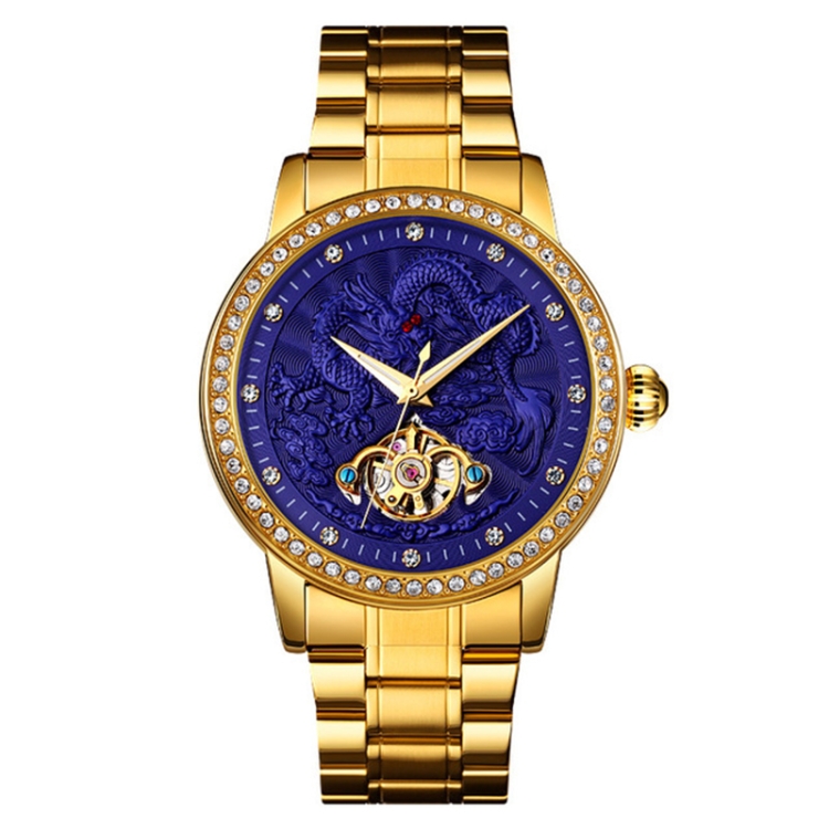 

SKMEI 9219 Men Dragon Totem Hollow Automatic Mechanical Watch Student Steel Band Watch (Gold Shell Blue Face)