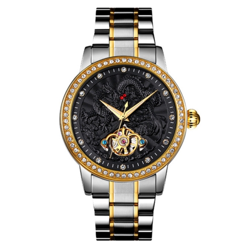 

SKMEI 9219 Men Dragon Totem Hollow Automatic Mechanical Watch Student Steel Band Watch, Colour:Between Gold Shell Black Face
