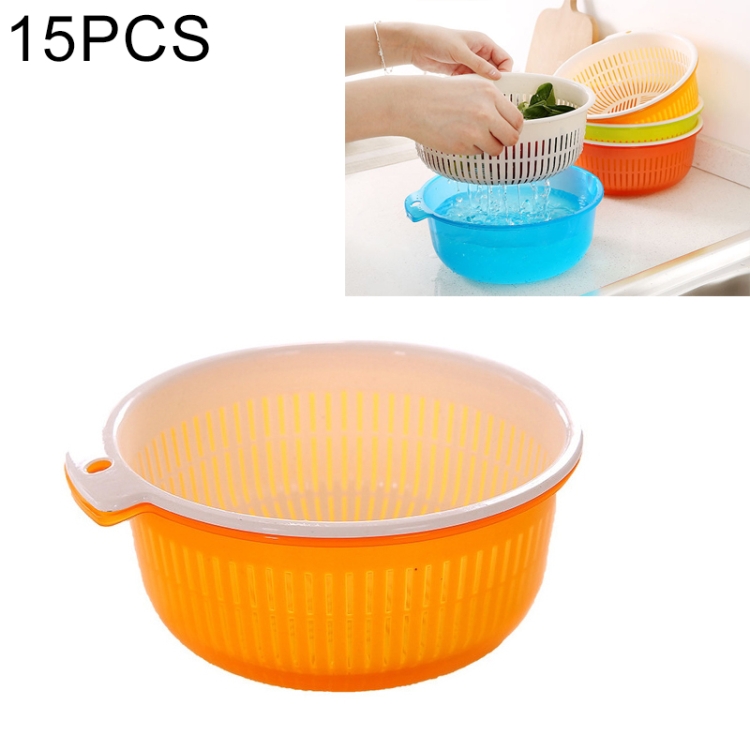 

15 PCS Plastic Washbasin Kitchen Round Double Drain Basket Rural Garden Fruit and Vegetable Basket, Size:S(Orange)
