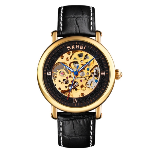 

SKMEI 9229 Men Automatic Skeleton Mechanical Watch Thorough Bottom Student Watch(Gold Shell Black Face)