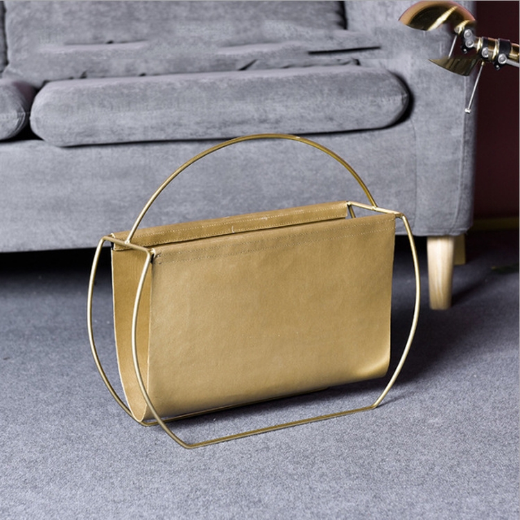 

Metal PU Leather Magazine Newspaper Holder Rack Home Sofa Corner Storage Storage Handle Bookshelf(Round Gold)