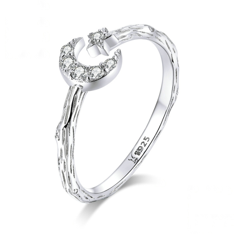 

S925 Sterling Silver Star And Moon Ring Platinum Plated Zircon Open Ladies Ring
