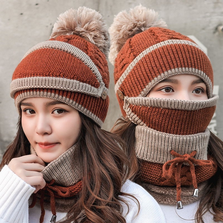 

3 In 1 Female Winter Two-color Warm Woolen Cap Mask and Scarf, Size:Free Size(Caramel Colour)