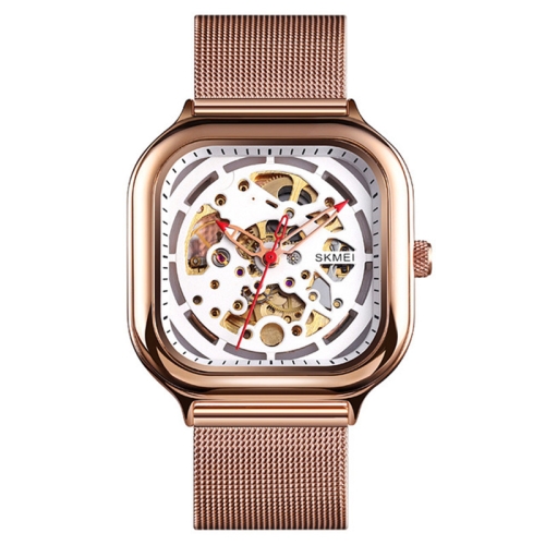 

SKMEI 9184 Men Automatic Mechanical Watch Mesh with Hollow Square Tourbillon Student Watch, Colour:Rose Gold