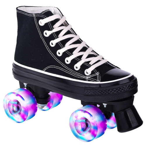 

Flash Roller Skates Four-Wheel Double-Row Canvas Roller Skates, Size:33(Cool Black)