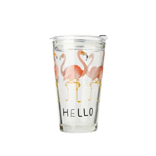 

2 PCS Creative Cartoon Dual-use Scaled Water Glass Juice Milk Cup Student Printing Home Thickened Glass Cup, Style:Cup with Lid(Flamingo)