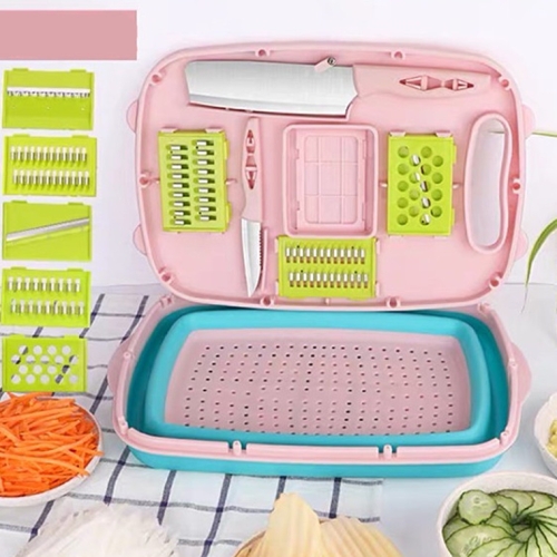 

9 in 1 Folding Cutting Board Plastic Multi Function Household Cutting Board Kitchen Antibacterial Mildew Cutting Board Cutting Knife Set(Hollow Pink)