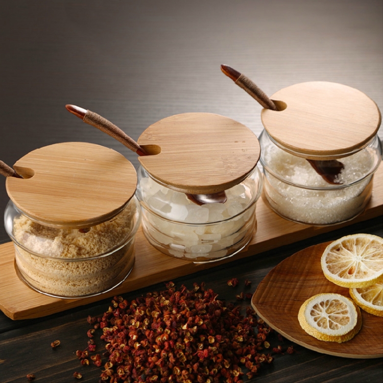 

3 in 1 Original Wood Bamboo Cover Glass Seasoning Jar Seasoning Box Set Creative Seasoning Bottle