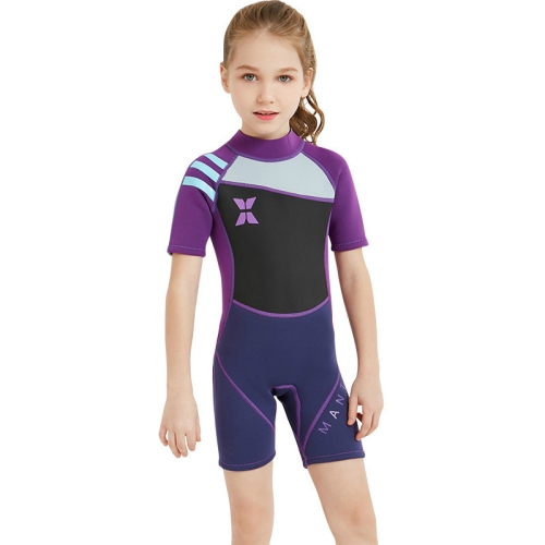 

DIVE & SAIL WS-18813 2.5mm Children Warm Diving Suit One-piece Short-sleeved Sunscreen Snorkeling Suit Drifting Cold-proof Swimming Suit, Size: L(Black Purple Sleeve)