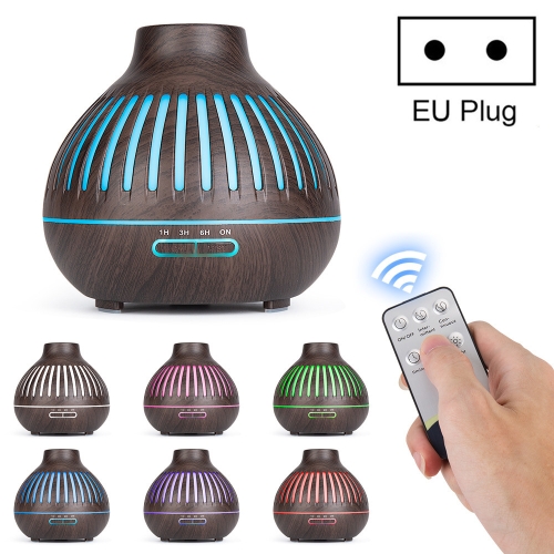 

400ml Wood Grain Stripes Air Humidifier Aroma Essential Oil Diffuser 7 Color LED Lights Air Purifier with Remote Control, Power Plug:EU Plug(Dark Wood Grain)