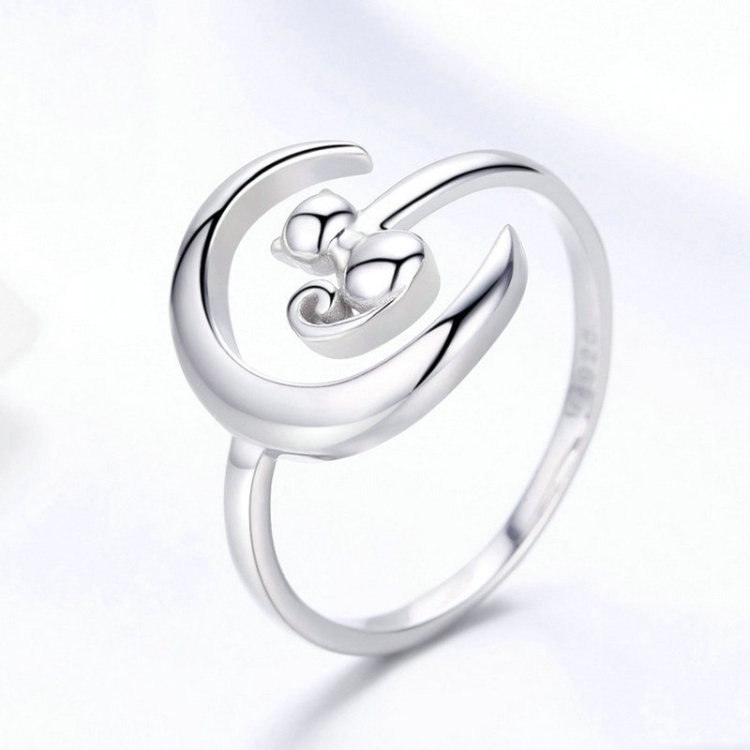 

S925 Sterling Silver Open Ring Moon Cat Female Ring