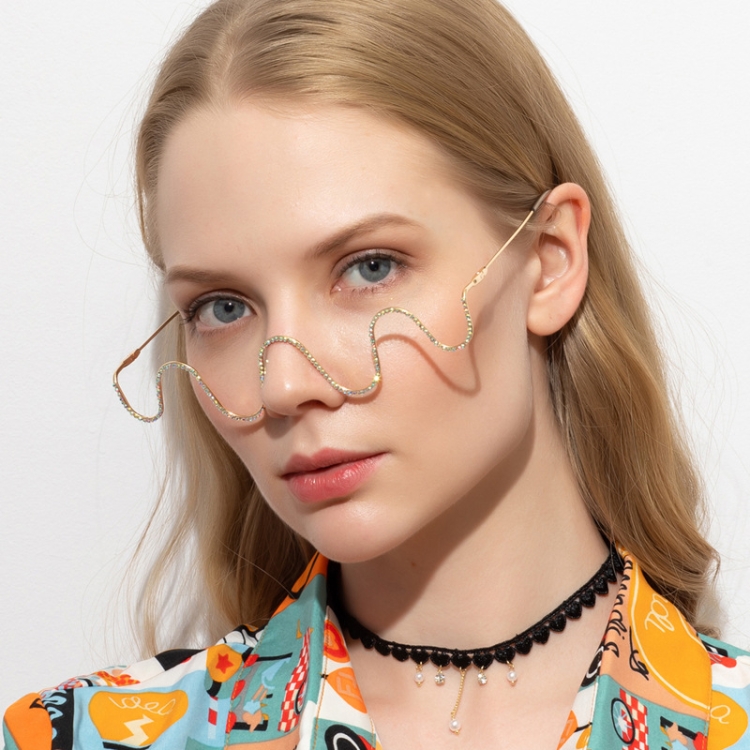 

2 PCS New Fashion Handmade Diamond Half-Frame Metal Wave Without Decorative Glasses Frame, Frame color: C03 Gold Frame Color Diamond