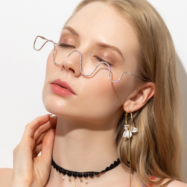 

2 PCS New Fashion Handmade Diamond Half-Frame Metal Wave Without Decorative Glasses Frame, Frame color: C04 silver frame colored diamonds