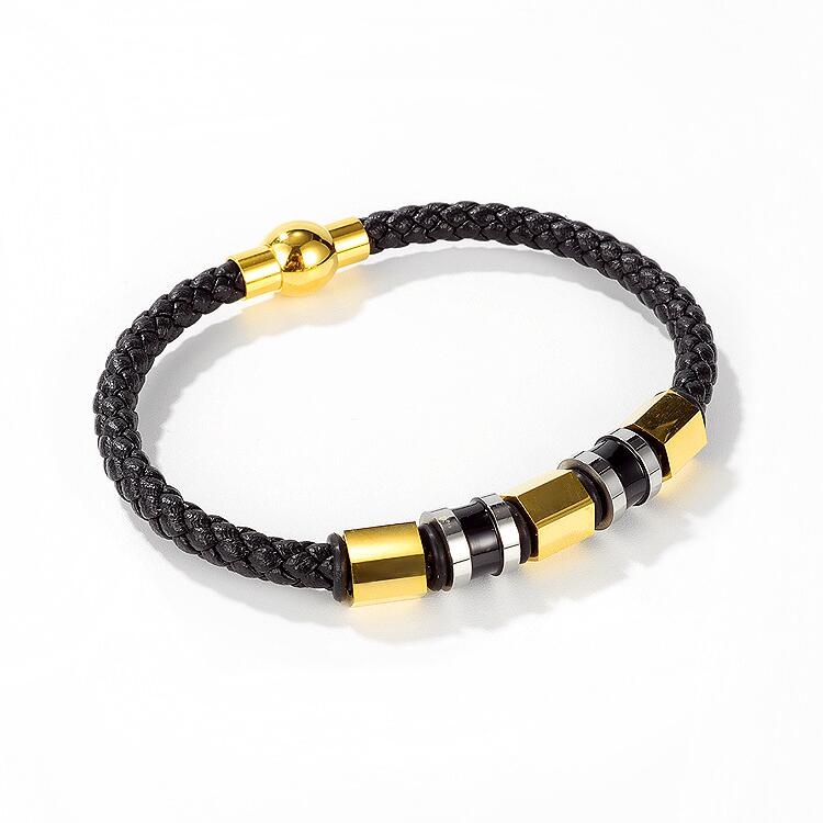 

OPK 1399 Braided Leather Rope Bracelet Men Titanium Steel Bracelet, Color:Gold