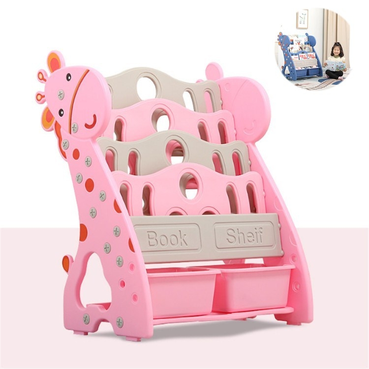 

Childrens Bookshelf Simple Household Floor Shelf Baby Bookcase Storage Kindergarten Multi-layer Cartoon Picture Book Rack, Style:4 Layers + Storage Box(Pink)