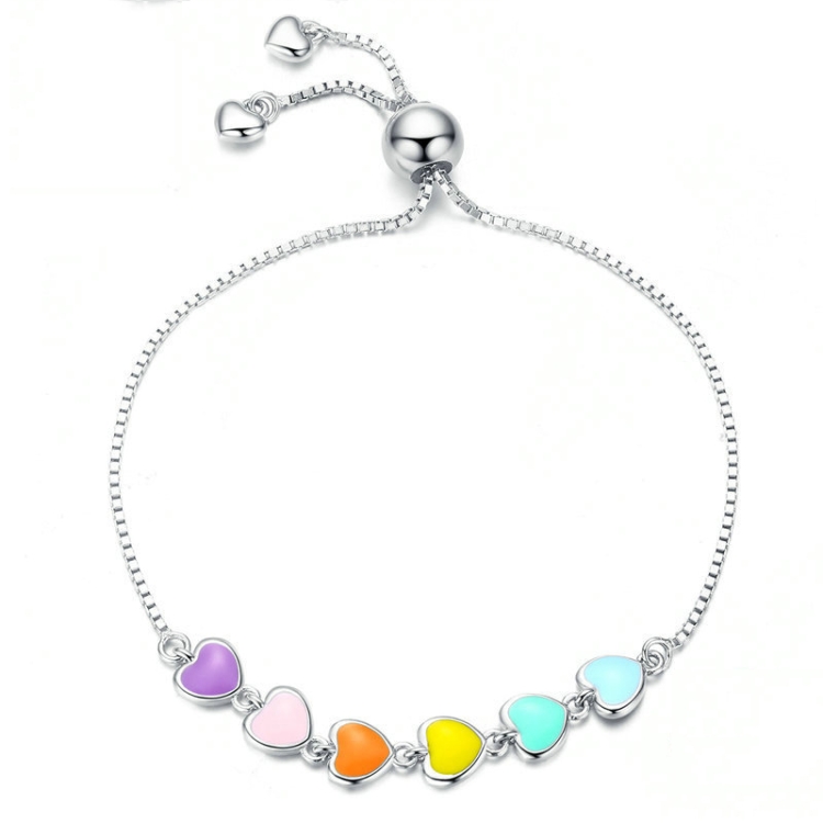 

S925 Sterling Silver Rainbow Heart Bracelet Heart-shaped Dripping Oil Girls Bracelet