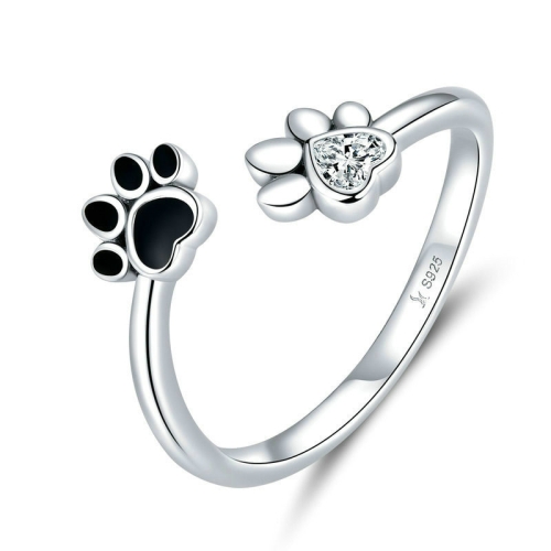 

S925 Sterling Silver Cute Pet Paw Print Open Ring Black Dripping Ring