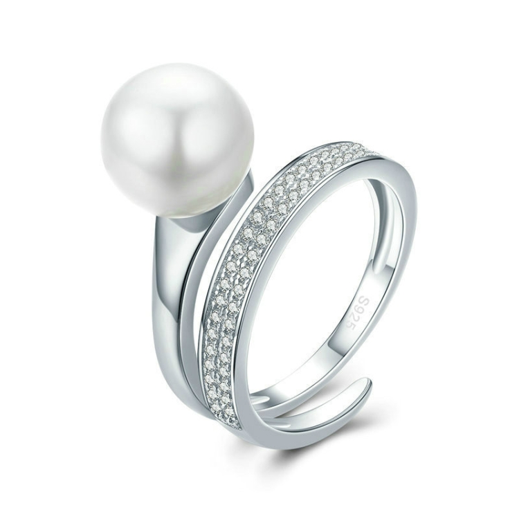 

S925 Sterling Silver Elegant Ladies Ring Platinum Plated Diamond Pearl Ring
