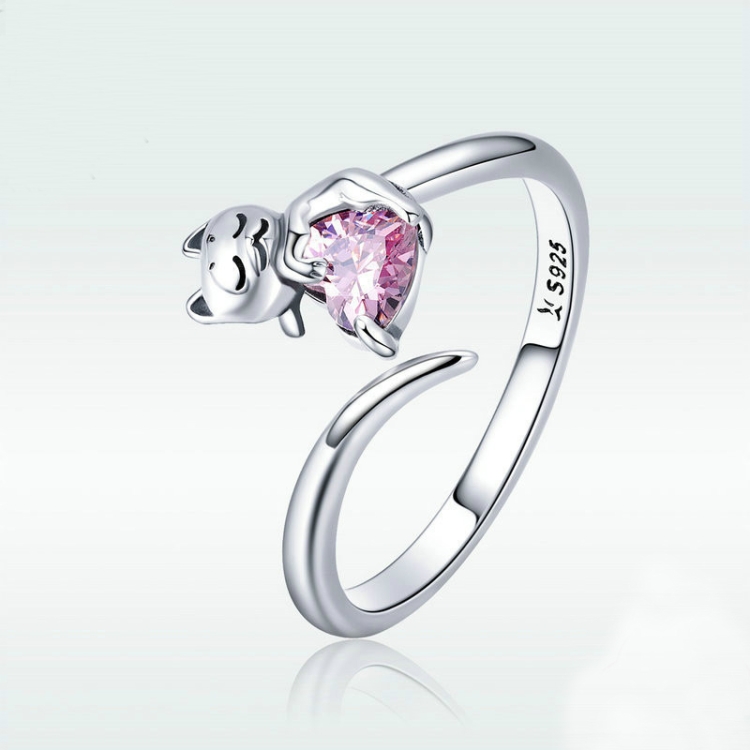 

S925 Sterling Silver Cute Cat Diamond Ring