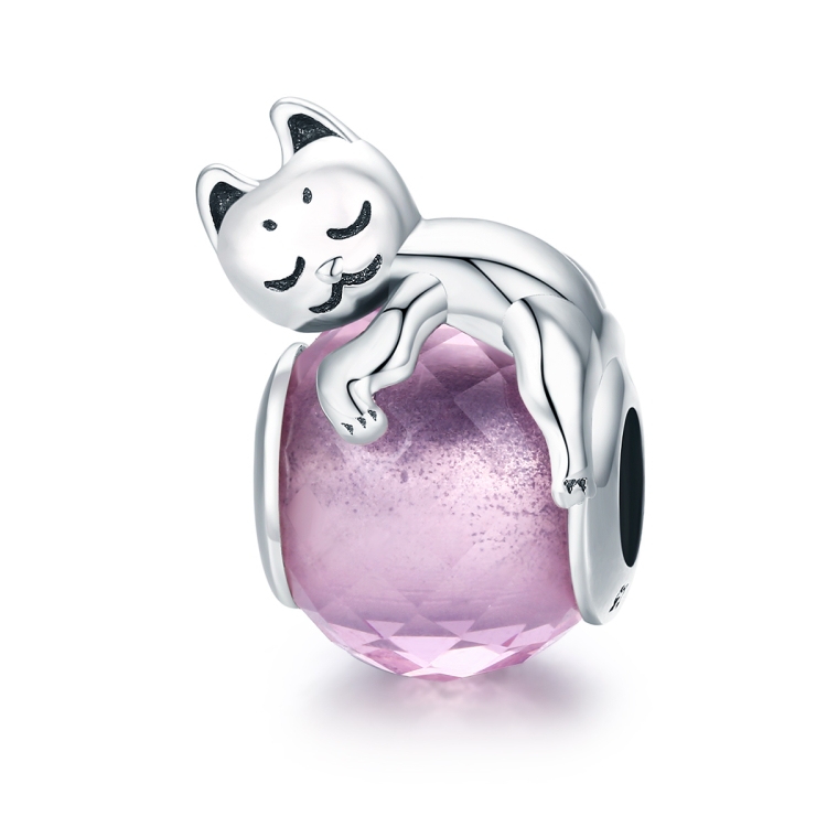 

S925 Sterling Silver Pink Crystal Loose Beads Cute Cat DIY Bracelet Accessory