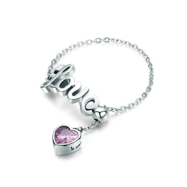 

S925 Sterling Silver Women Ring English Letter LOVE Chain Heart-shaped Diamond Ring