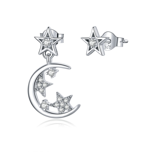 

S925 Sterling Silver Bright Star And Moon White Gold Plated Zircon Asymmetric Earrings