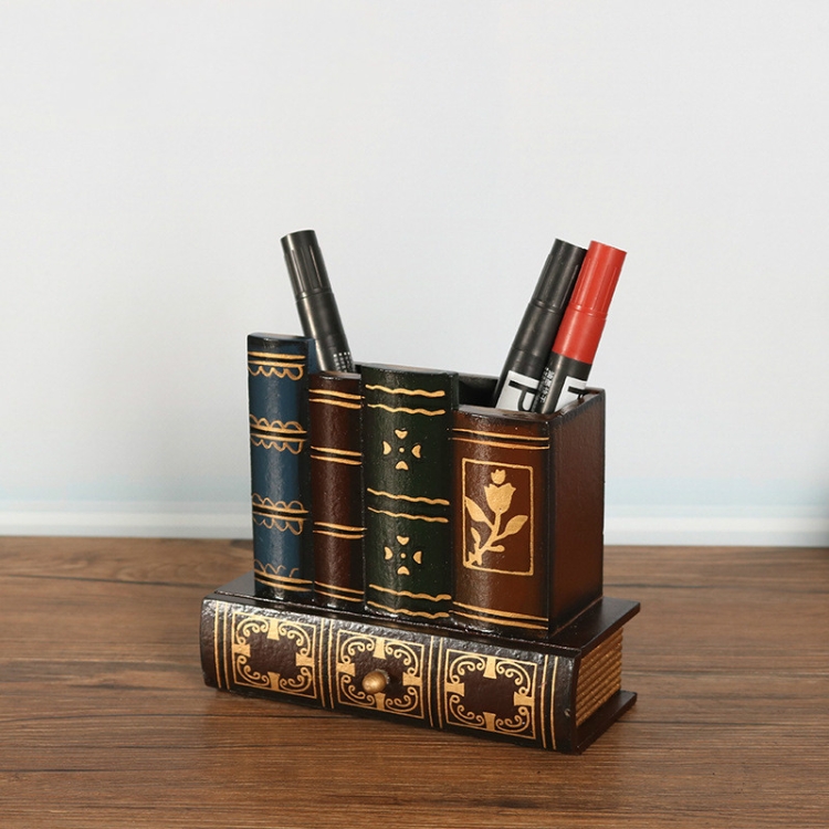 

Retro Pen Holder Wooden Fake Book Multifunctional Pen Holder With Drawer
