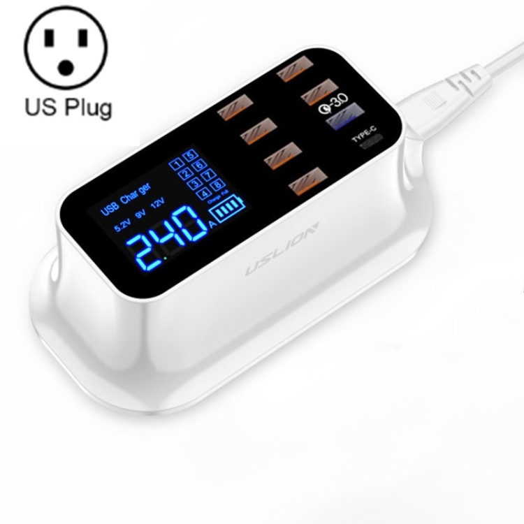 

USLION PD18W Charger QC Multi-port USB Smart Digital Power Strip LED Screen Digital Display Charger US Plug