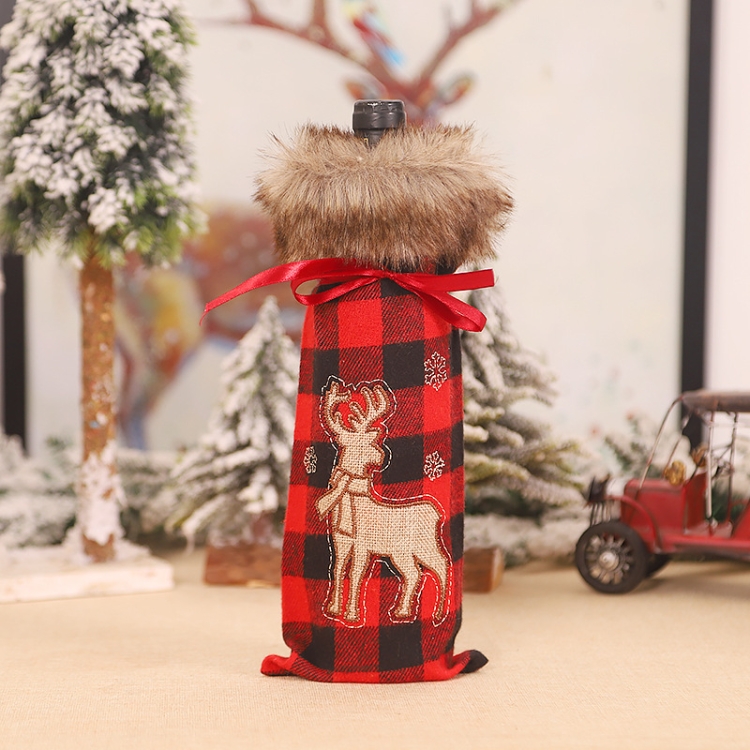 

2 PCS Christmas Decorations Red And Black Gingham Machine Embroidered Fur Collar Wine Bag Champagne Sleeve(B396 Elk)