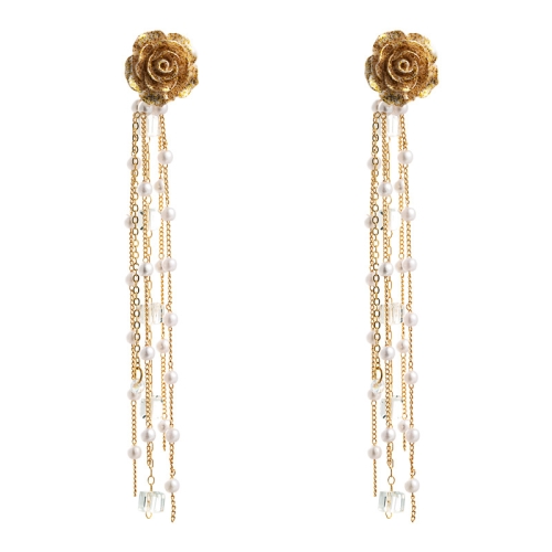 

2 Pairs Golden Flower Pearl Earrings S925 Silver Needle Long Temperament Tassel Earrings