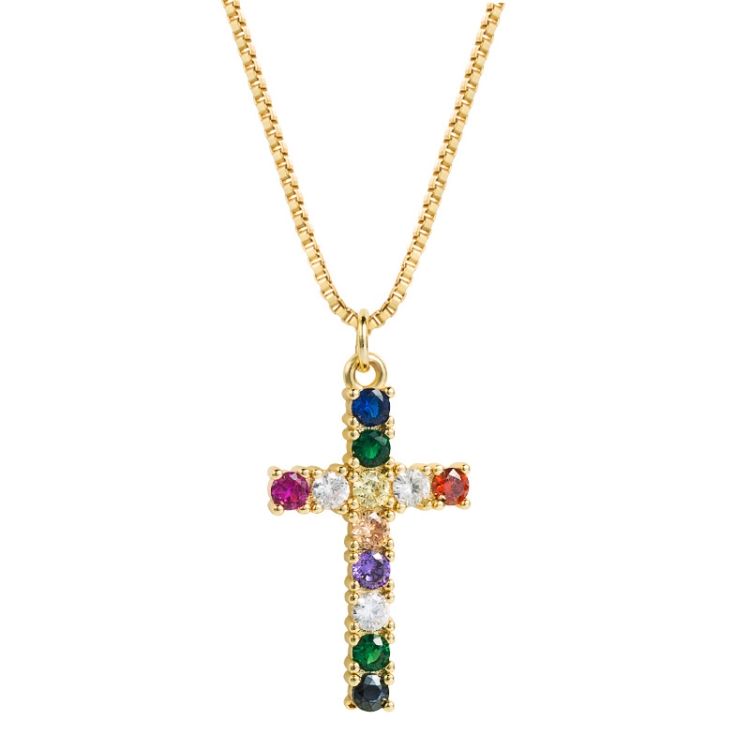 

Cross Exquisite Pendant Female Brass Micro-inlaid Colorful Zircon Necklace