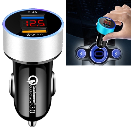 

2 PCS Aluminum Ring 5V3.1A Display Car Charger QC3.0+2.4A Aluminum Alloy Multi-function Halo Digital Display Car Charger(Snow Silver)