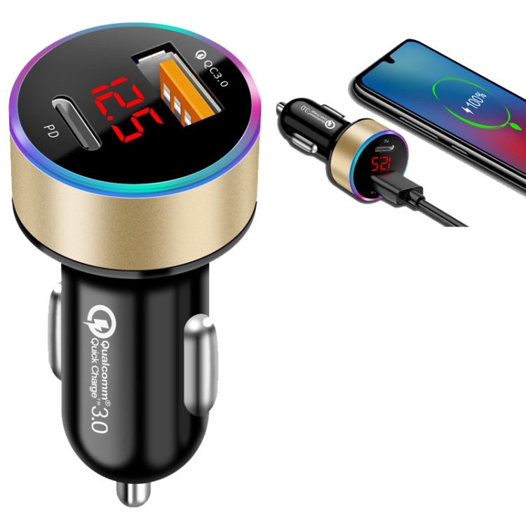 

Aluminum Alloy Digital Display PD+QC3.0 Car Charger Multifunctional Car Charger( Gold)